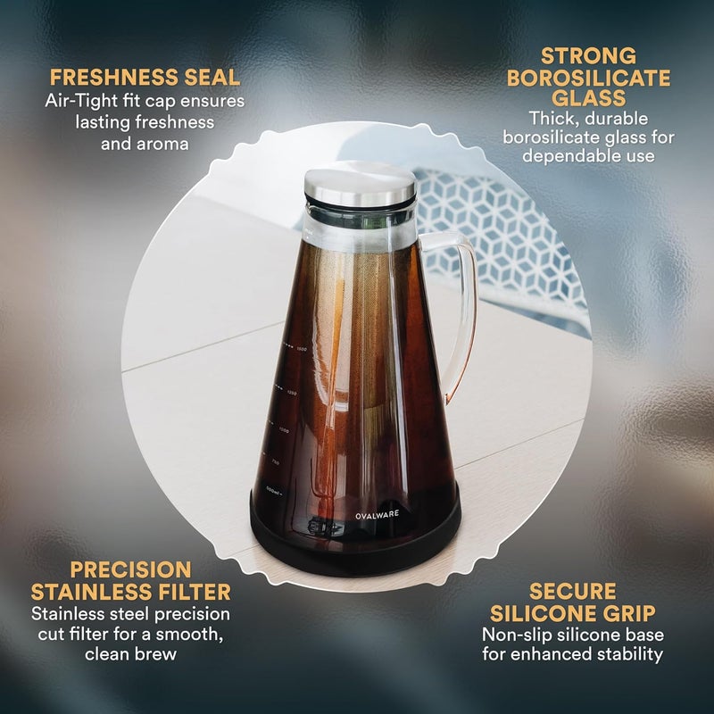 ovalware Airtight Cold Brew Iced Coffee Maker Pitcher (& Iced Tea Maker) with Spout – 1.5L/ 51oz Brewing Glass Carafe with Removable Stainless Steel Filter - Image 3
